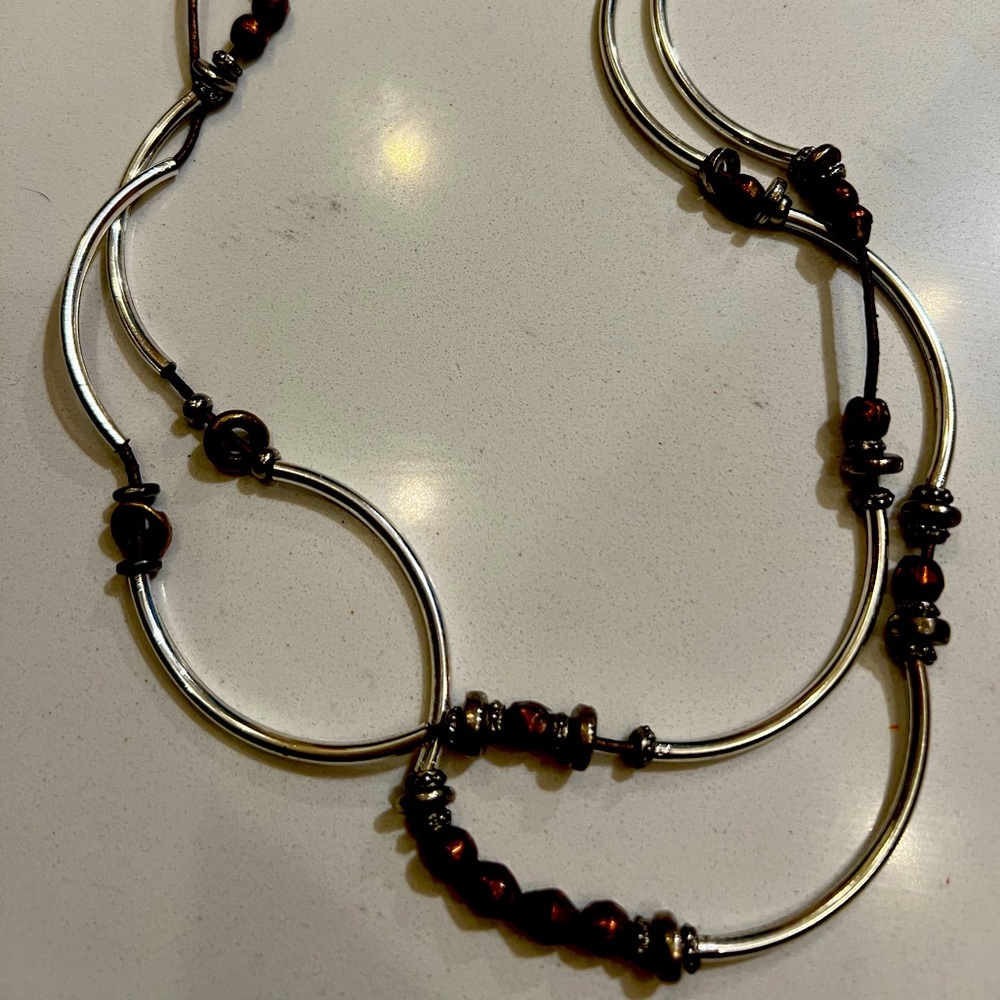 Lizzy James Silver Tone and Brown Leather Necklace 19” Bohemian Boho Rustic